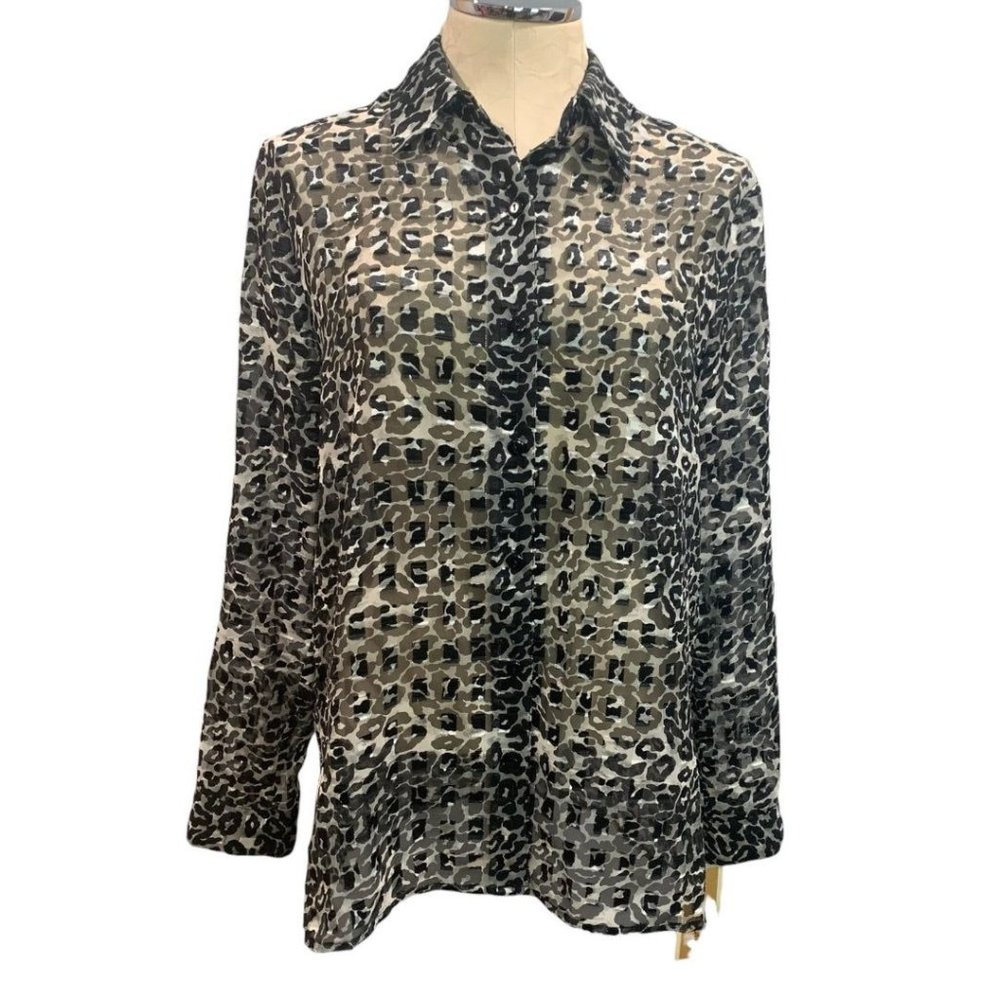 Medium‎ Notations Women's New Sheer Animal Print Metallic Button Up Blouse